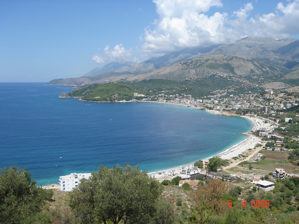 Panoramic view of the Spile bay coastline near Himara on the Albanian Riviera