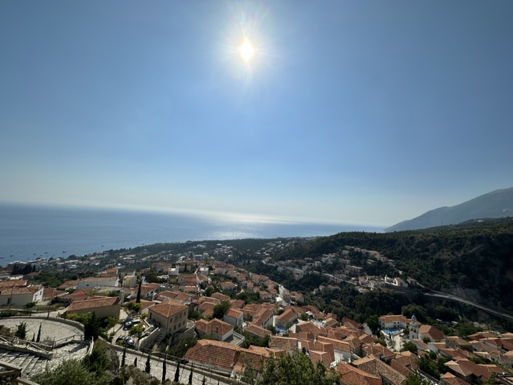 Panoramic mountain village view from above the Albanian Riviera coastline