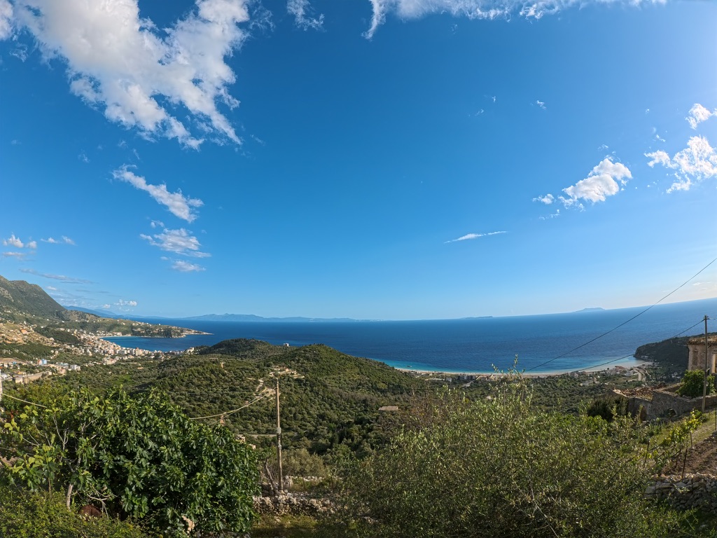 Panoramic view of Himara Bay and castle from the coastline