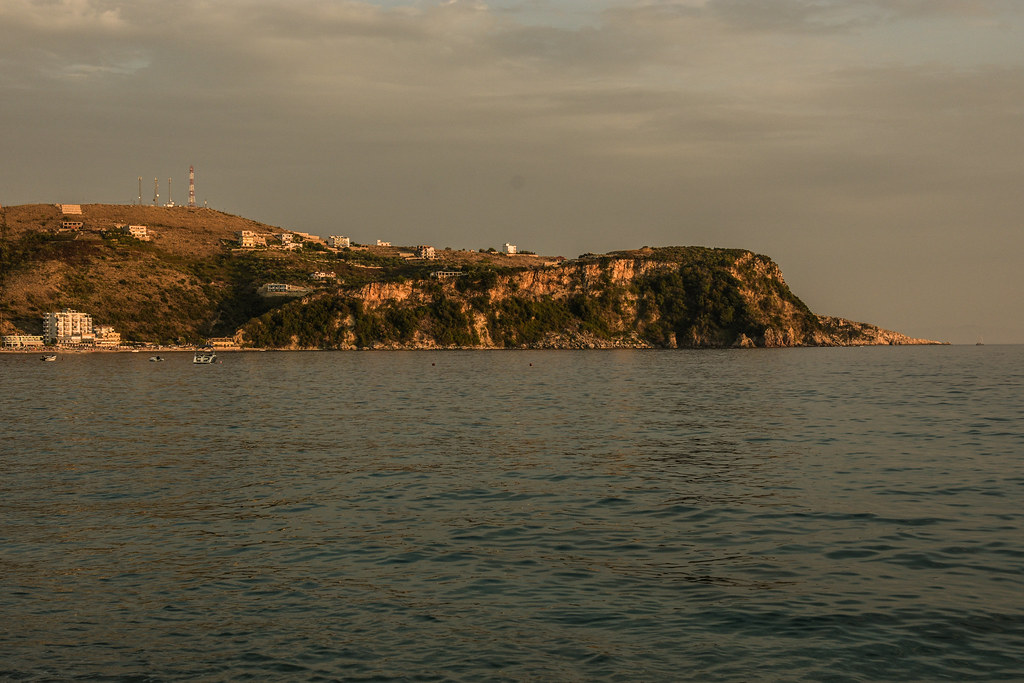 Himara town illuminated at night with evening atmosphere