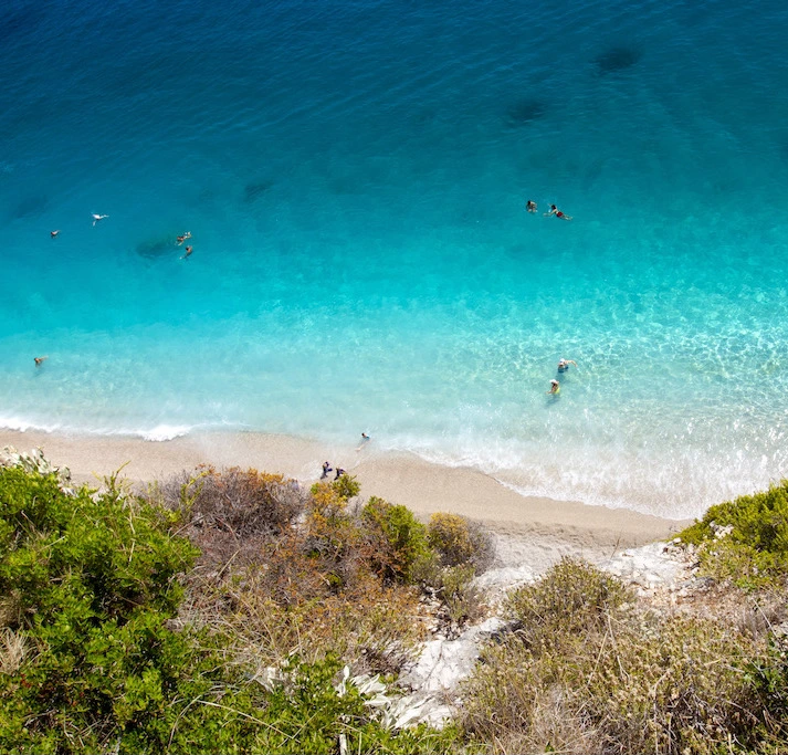 Beach near Himara Hostel with turquoise Ionian waters