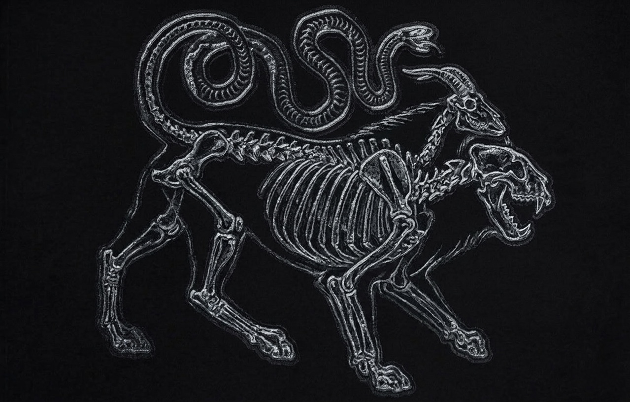 Anatomical illustration of the Chimera showing its skeletal structure — lion forequarters, goat head rising from the spine, and serpent tail