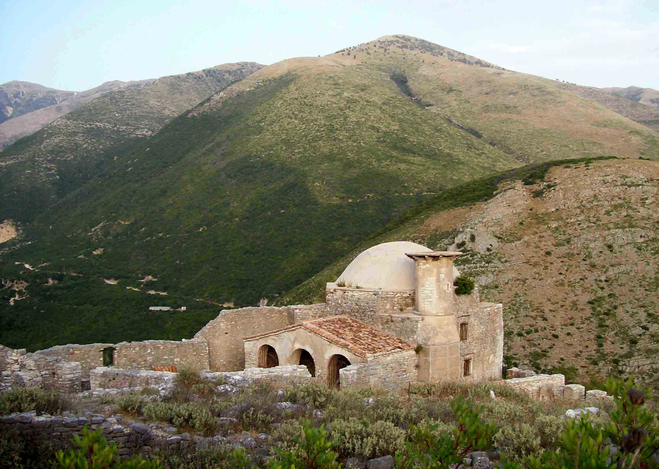 Scenic view of Borsh village on the Albanian Riviera where the waterfall flows through the center