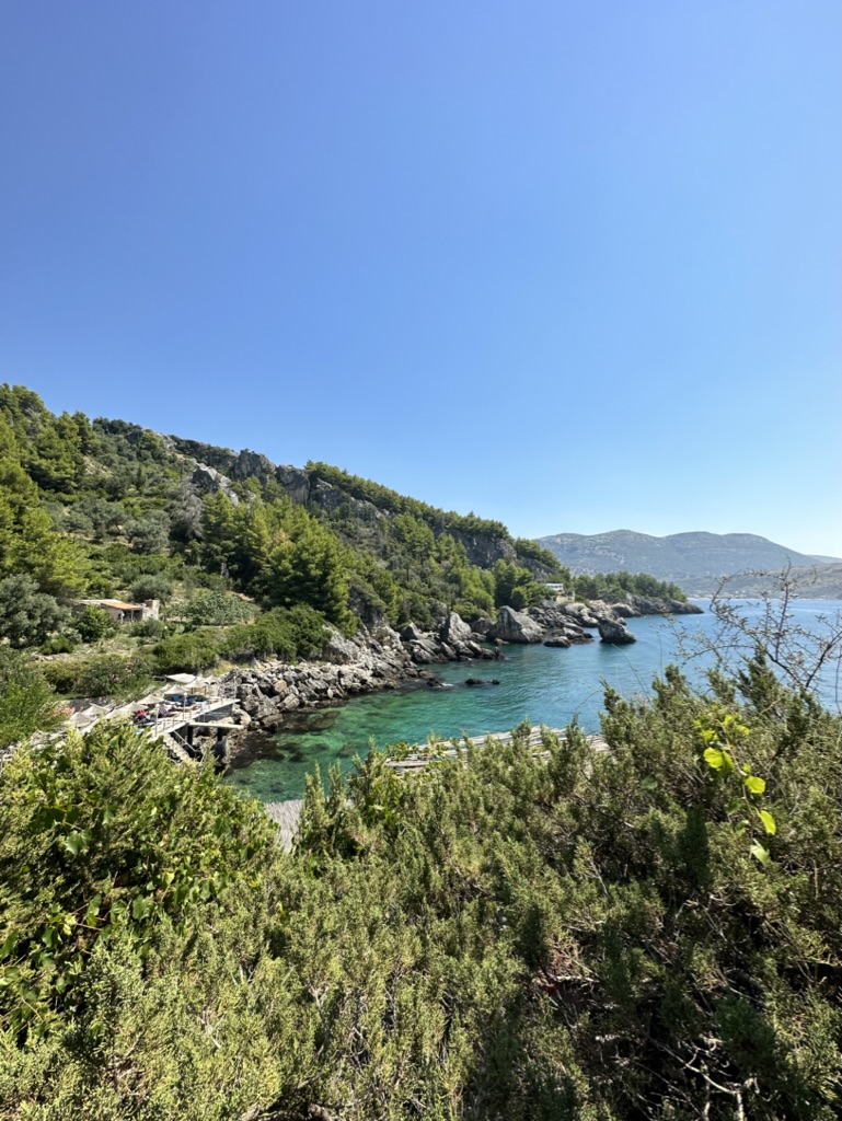 Sunset over Himara town and the Ionian coastline