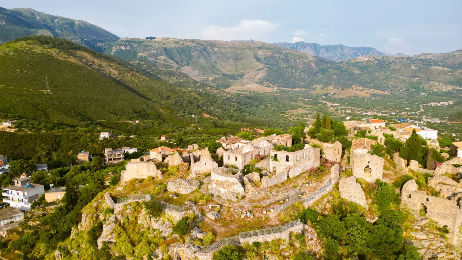 Aerial view of the Albanian Riviera coastline near Himara in early May 2026