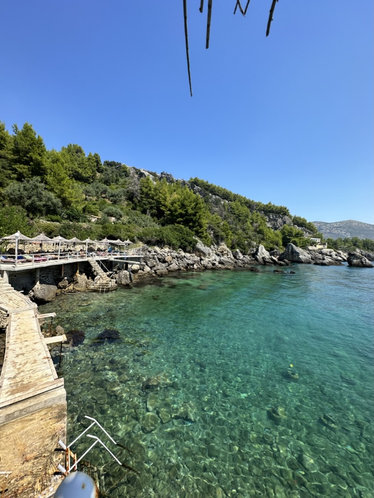 Elevated view of Himara bay with hotel buildings along the coast