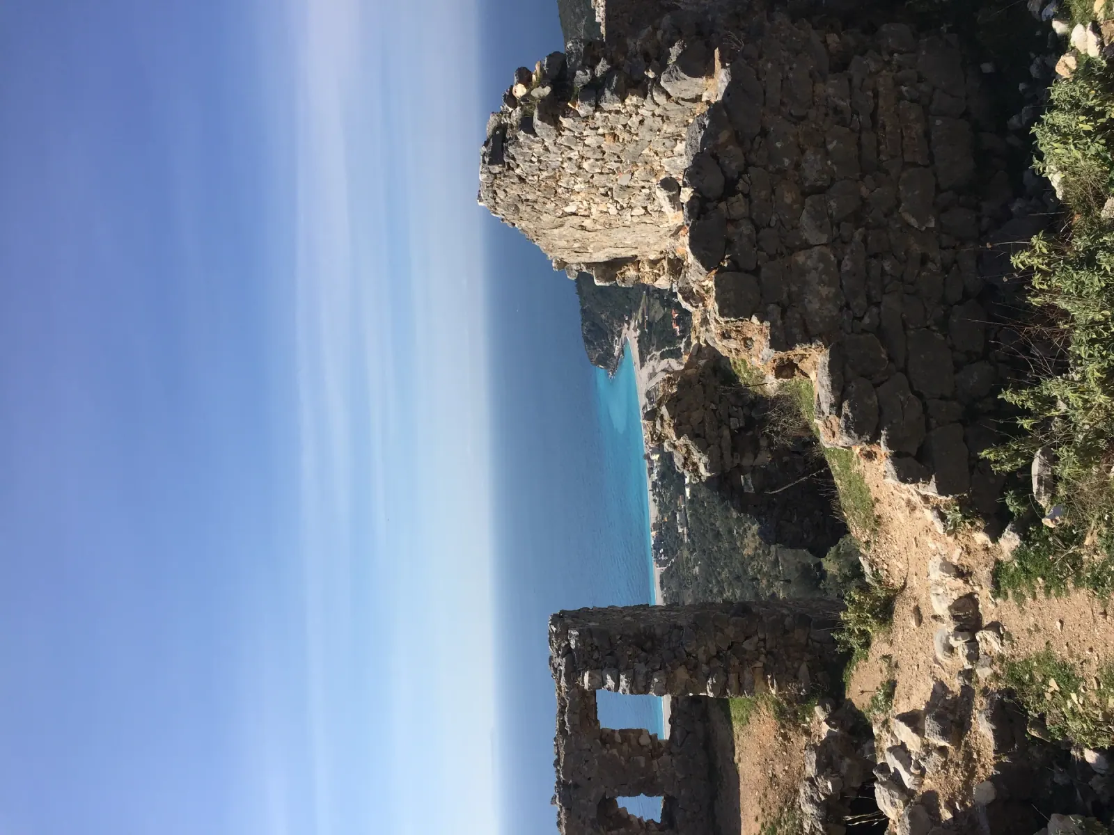 The old town of Himara perched on a rocky hilltop above the Ionian Sea